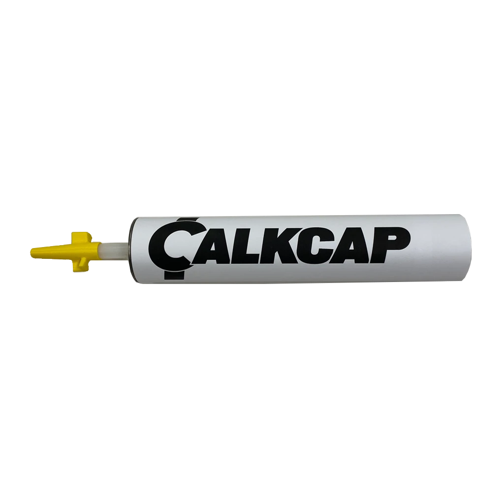 Tube of caulk that is capped with a yellow calkcap to prevent waste and drying